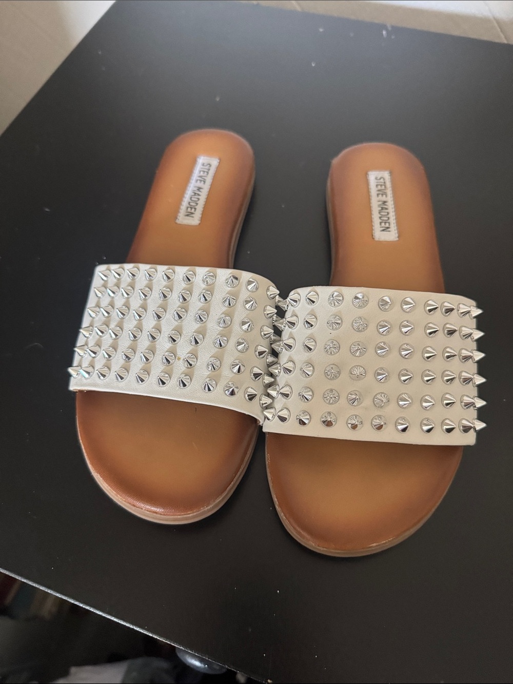 Steve Madden Silver Studded Slide Sandals - White Straps, Brown Footbed